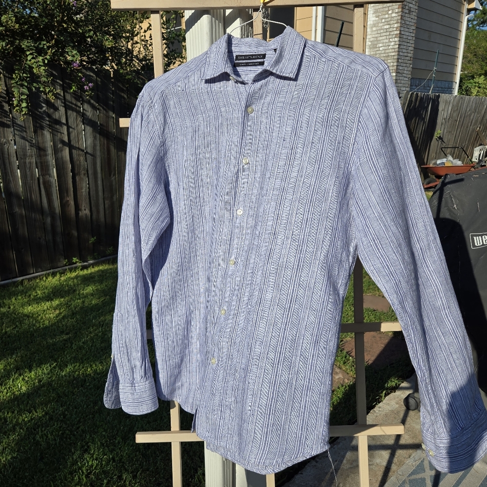 Saks Fifth Ave Slim Fit Linen Blue Long Sleeve Shirt Large